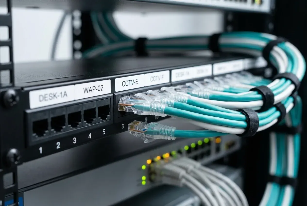 Labelled patch panel with terminated Cat6 cabling