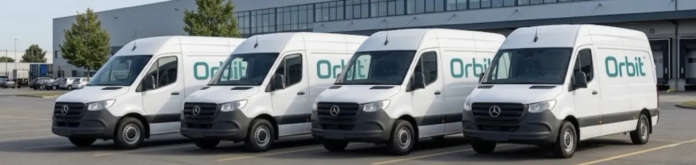 Orbit Automation branded Sprinter fleet outside the Surrey shop