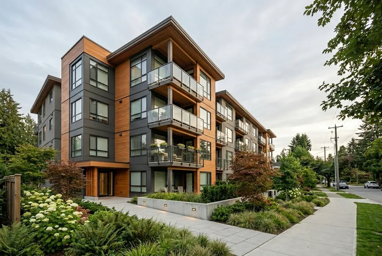 Modern multi-family low-rise wired by Orbit Automation in Metro Vancouver
